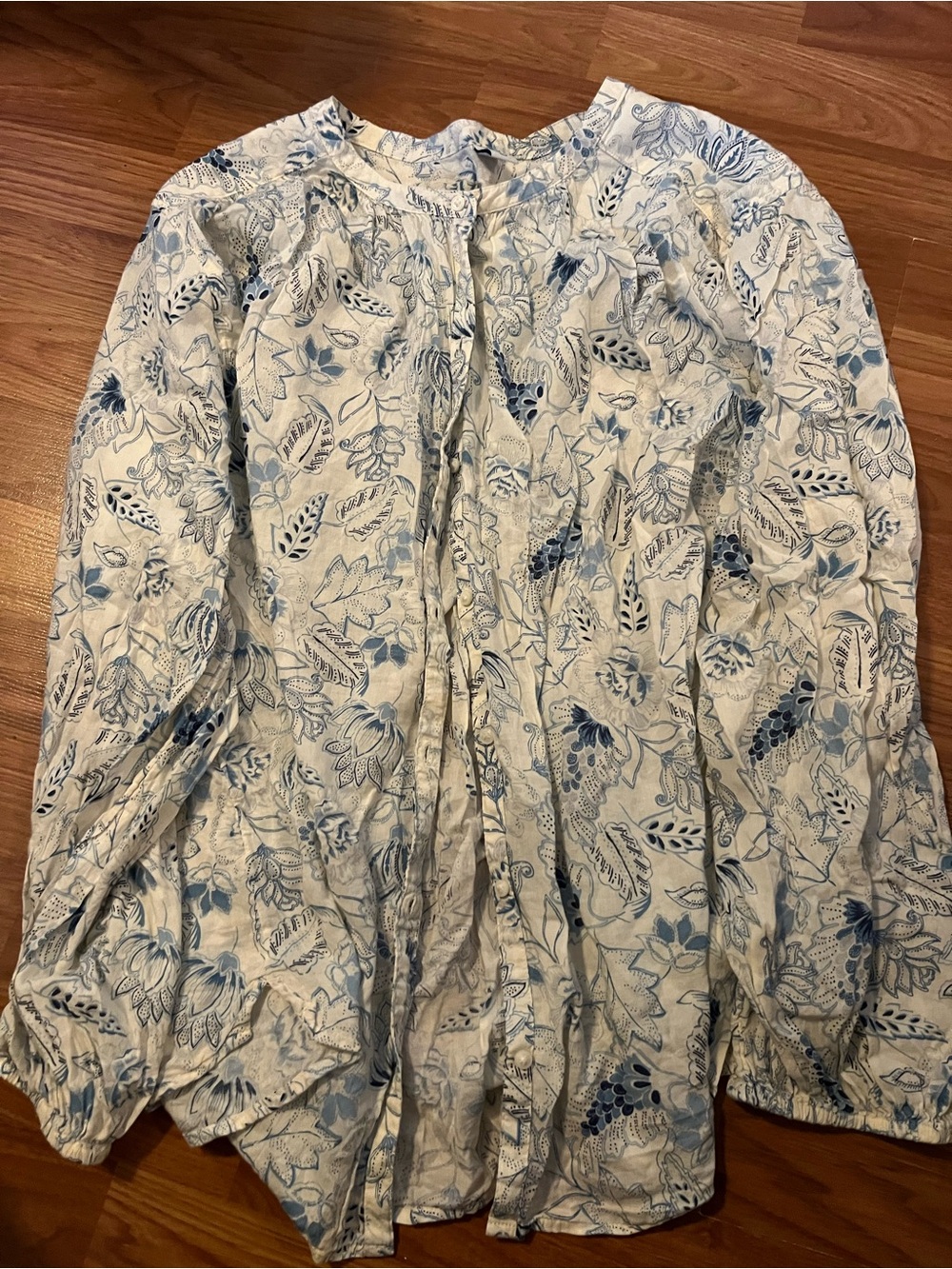 Old Navy Cream and Light Blue Floral Tie-Front Peasant Top